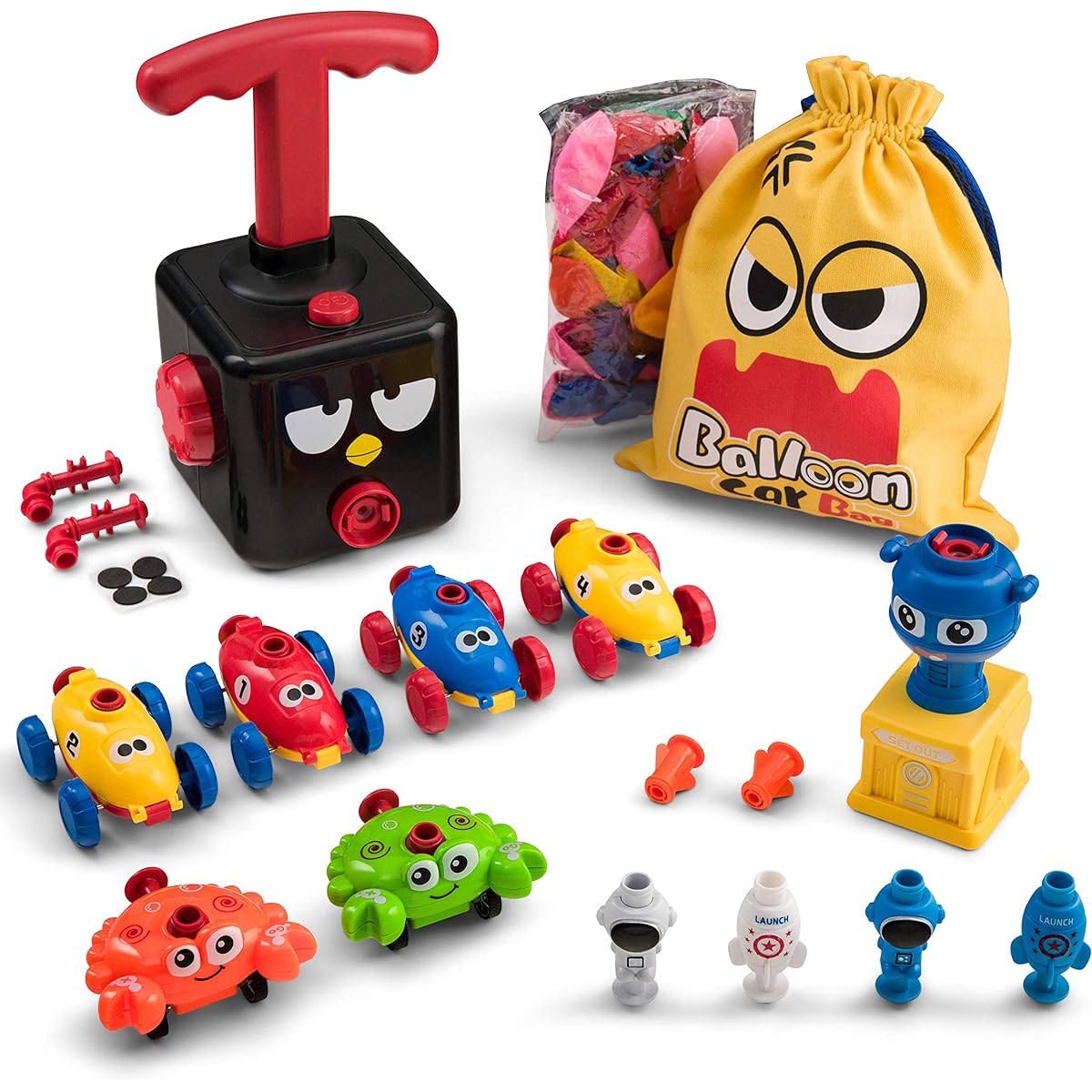 KIDDEO 71pcs Balloon Launcher Toy Set - Blackbird Pump, 50 Balloons, 12 Rocket Launcher Pads, 4 Balloon Power Car Toys, 2 Spaceship Toys, 2 Astronauts and More for Kids Ages 3+