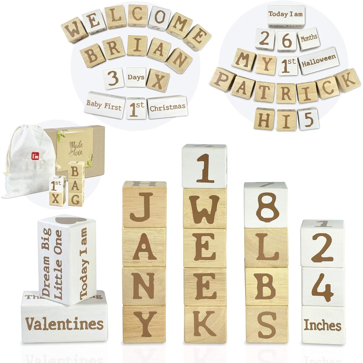 I'm Solid Wood Monthly Weekly Baby Milestone Age Blocks with Personal Name Gender Neutral for Newborn Gifts & Keepsakes Photo Props (1.9"/18pcs/Brown)