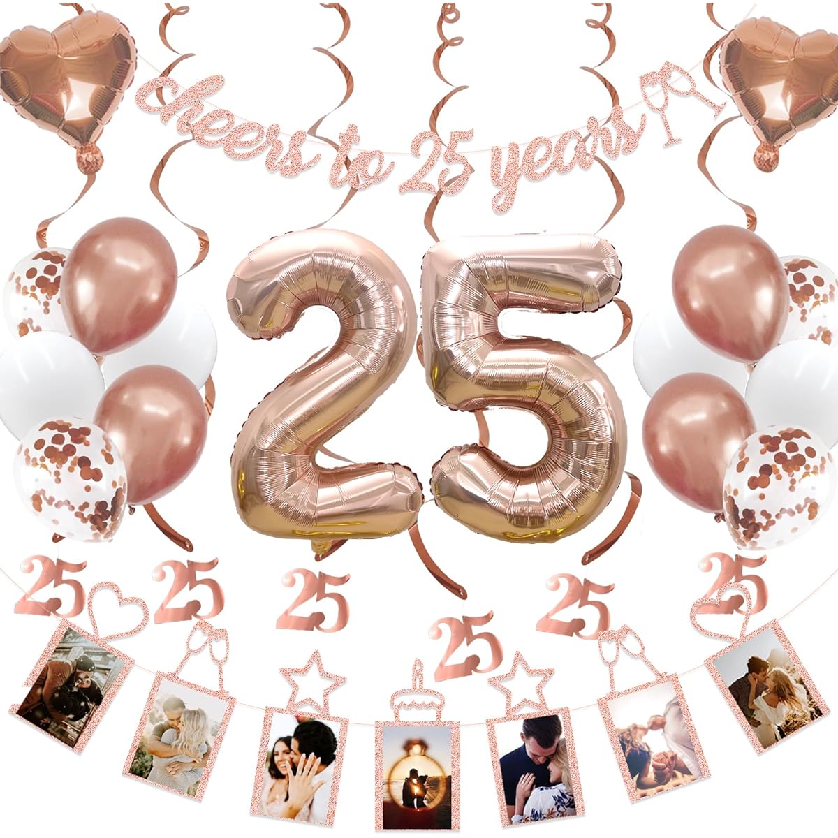 25th Anniversary and Birthday Decorations Party Supplies Cheers to 25 Years Old Photo Banner and Balloons Hanging 25th Anniversary Swirls Birthday Decor (Rose Gold)