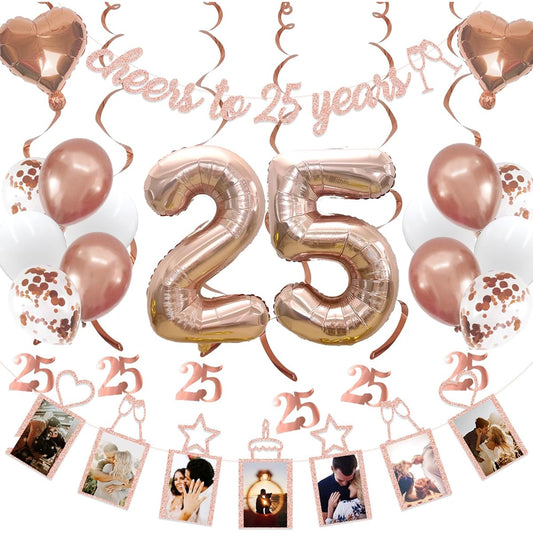 25th Anniversary and Birthday Decorations Party Supplies Cheers to 25 Years Old Photo Banner and Balloons Hanging 25th Anniversary Swirls Birthday Decor (Rose Gold)