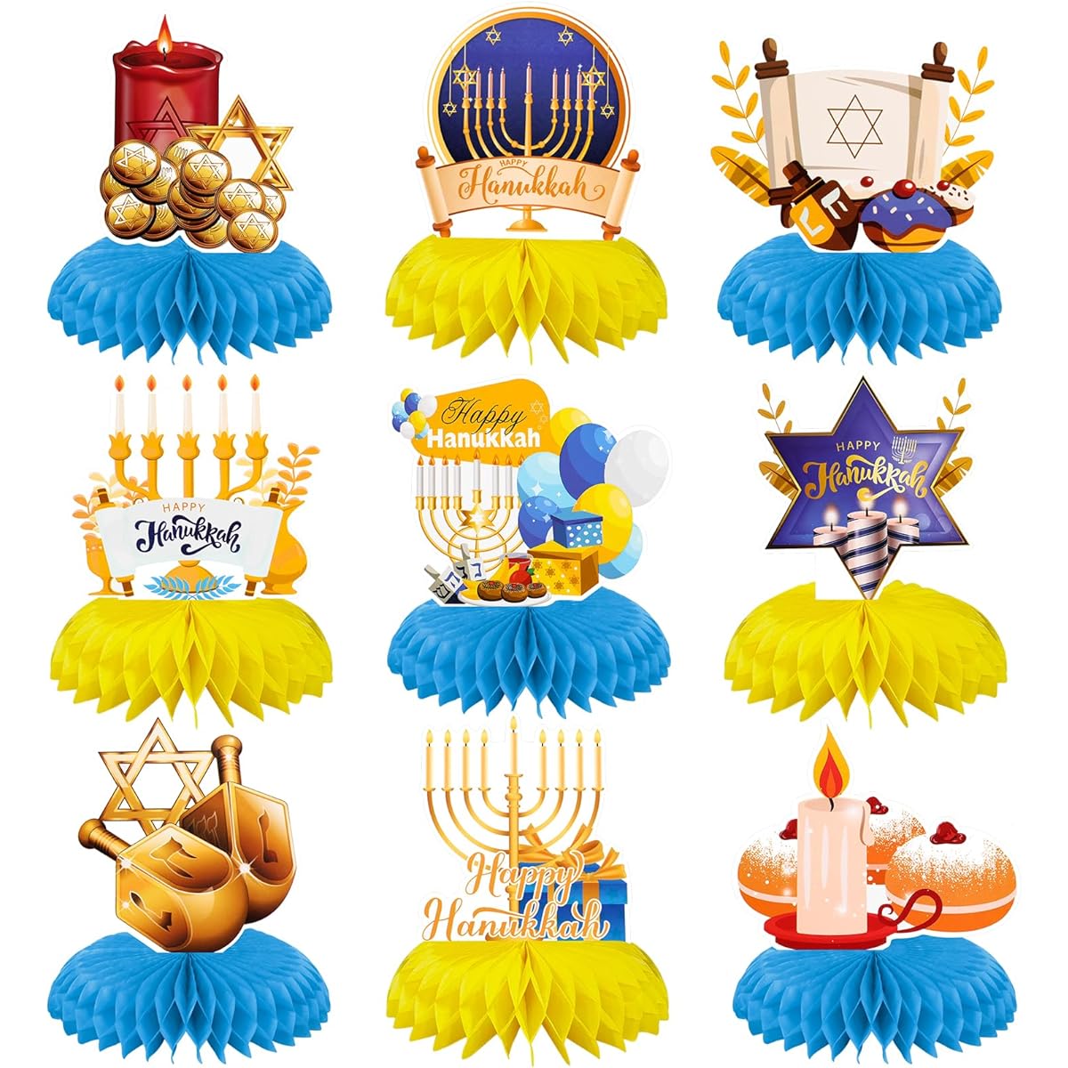 HOWAF Hanukkah Table Decorations Honeycomb Centerpieces Hanukkah Party Supplies Table Toppers Centerpieces Dreidel Menorah Chanukah Decorations Home Table Decor 9pcs