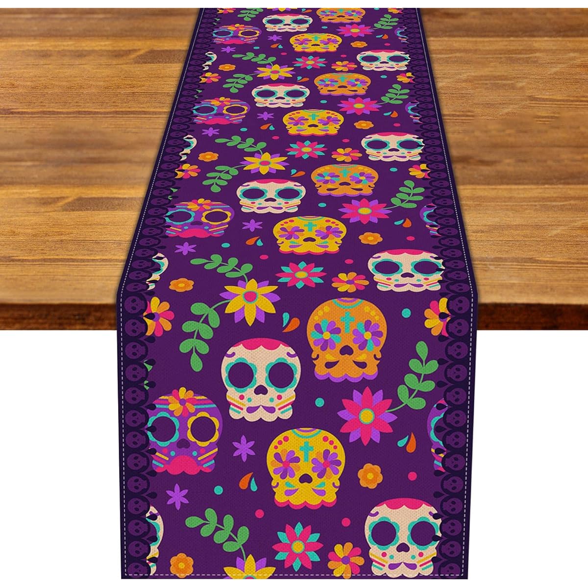 Linen 13" x 72" Sugar Skull Table Runner Mexican Dia De Los Muertos Day of the Dead Marigold Table Decorations for Home Kitchen Dining Room