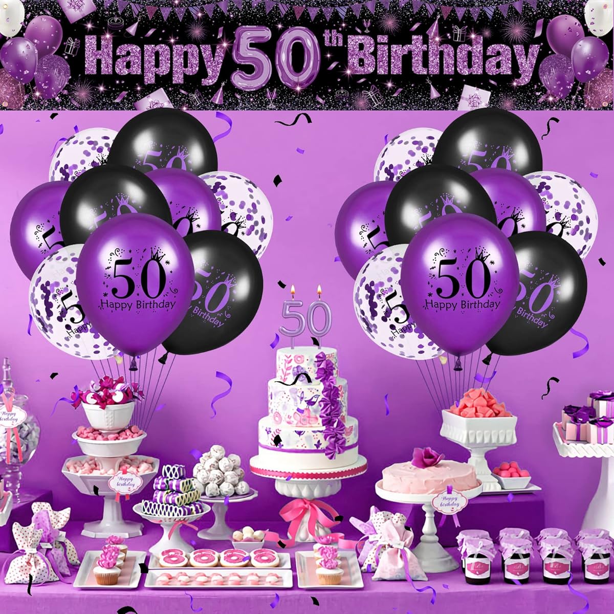 Purple 50th Birthday Decorations for Women Men Purple and Black Happy 50th Birthday Yard Banner 18 Pieces 50th Birthday Balloons 50th Anniversary Birthday Party Supplies Indoor Outdoor Decor