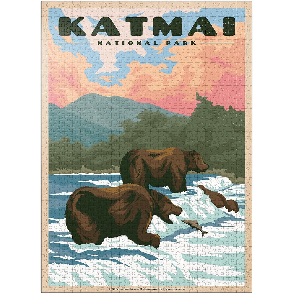Katmai National Park - Brooks Falls Fishing Bear Vintage Travel Poster - Premium 1000 Piece Jigsaw Puzzle for Adults
