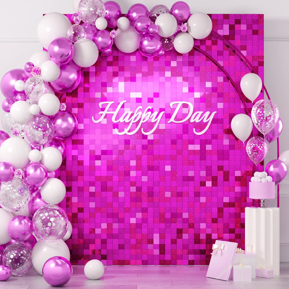 Hot Pink Shimmer Wall Backdrops 24 Pieces Square Sequin Wall Panels for Birthday Wedding Bachelorette Party Decoration Christmas Photo Backdrop Anniversary Engagement Graduation