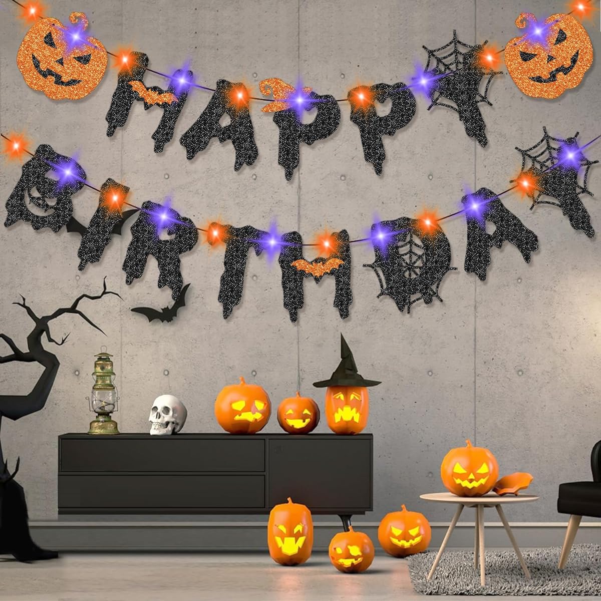 Halloween Happy Birthday Banner with Lights Halloween Birthday Party Decorations Black Glitter Halloween Happy Birthday Banner with String Lights Pumpkin Bat Orange Purple LED Lights String Fireplace Decorations