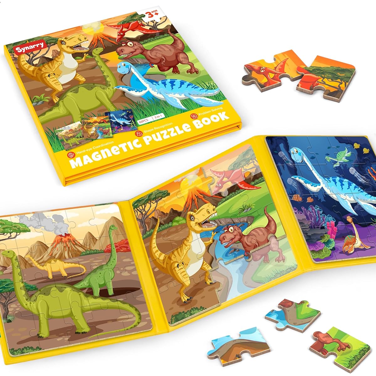 SYNARRY Magnetic Dinosaur Puzzle for Kids Ages 3-5, 20 Piece Toddler Dinosaur Puzzle Kids Travel Activity Toy Game for Children Boys Girls 3 4 5 Inch Car Plane Learning Magnets for Road Trips