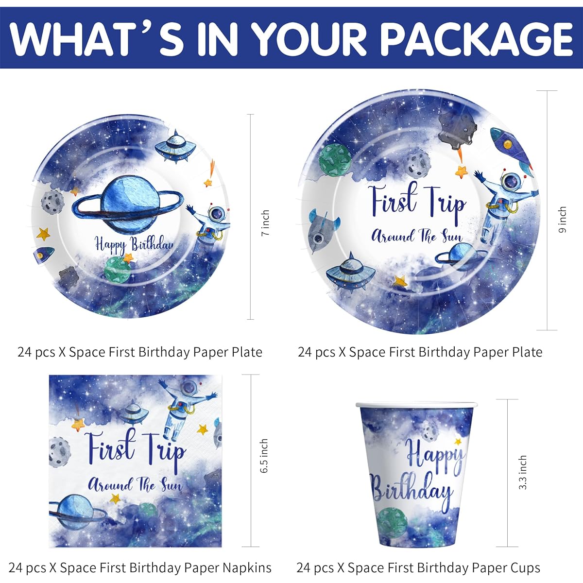HIPVVILD Space Theme Party Supplies First Around the Sun Birthday Decorations Tableware - Plates Cups Napkins Tablecloth Cutlery Straws Space 1st Birthday Party Decorations | Serves 24