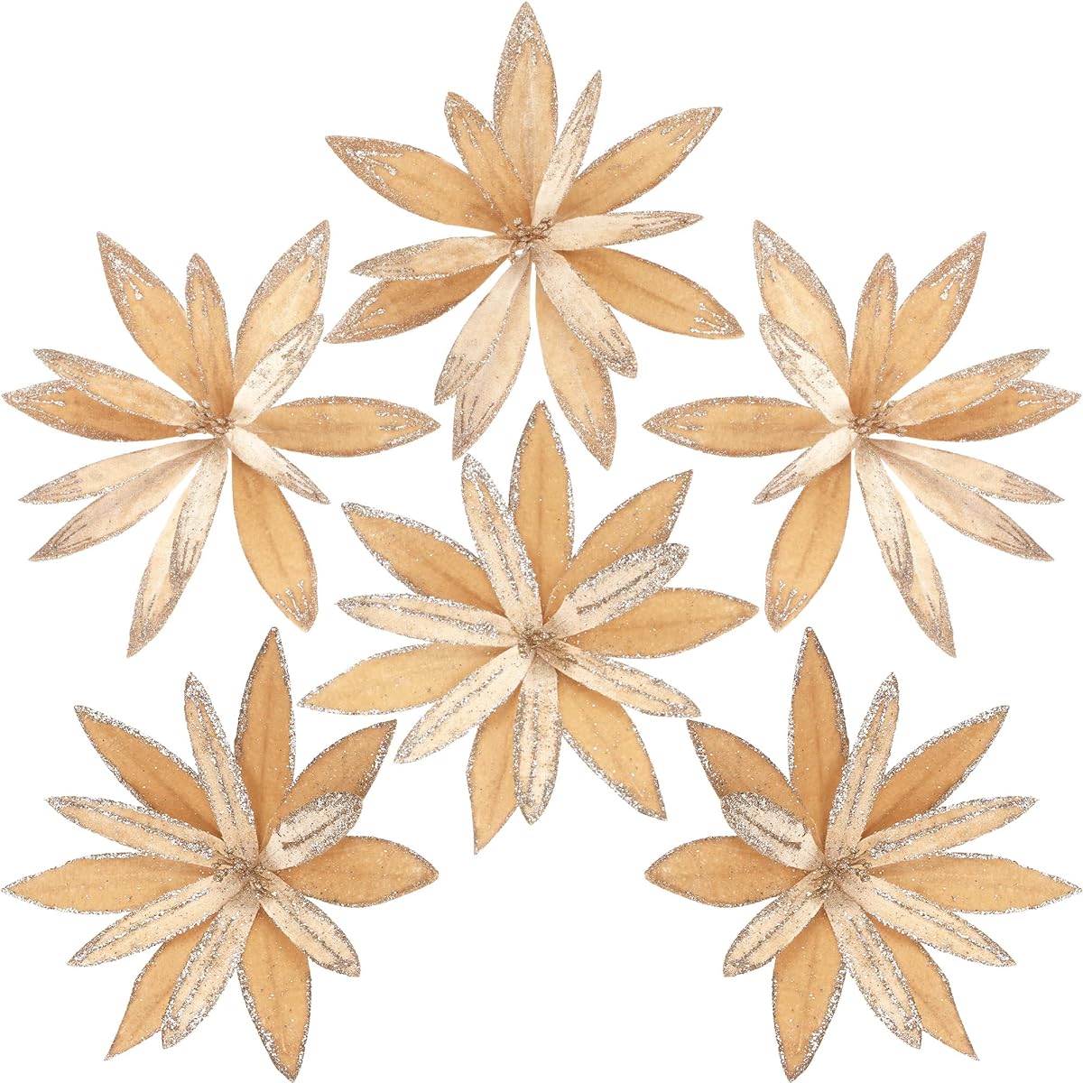 Sea Team 6 Pack Artificial Glitter Poinsettia Pick Christmas Flower Ornaments Christmas Tree Decoration Suede Finish 2 Styles 10" Champagne