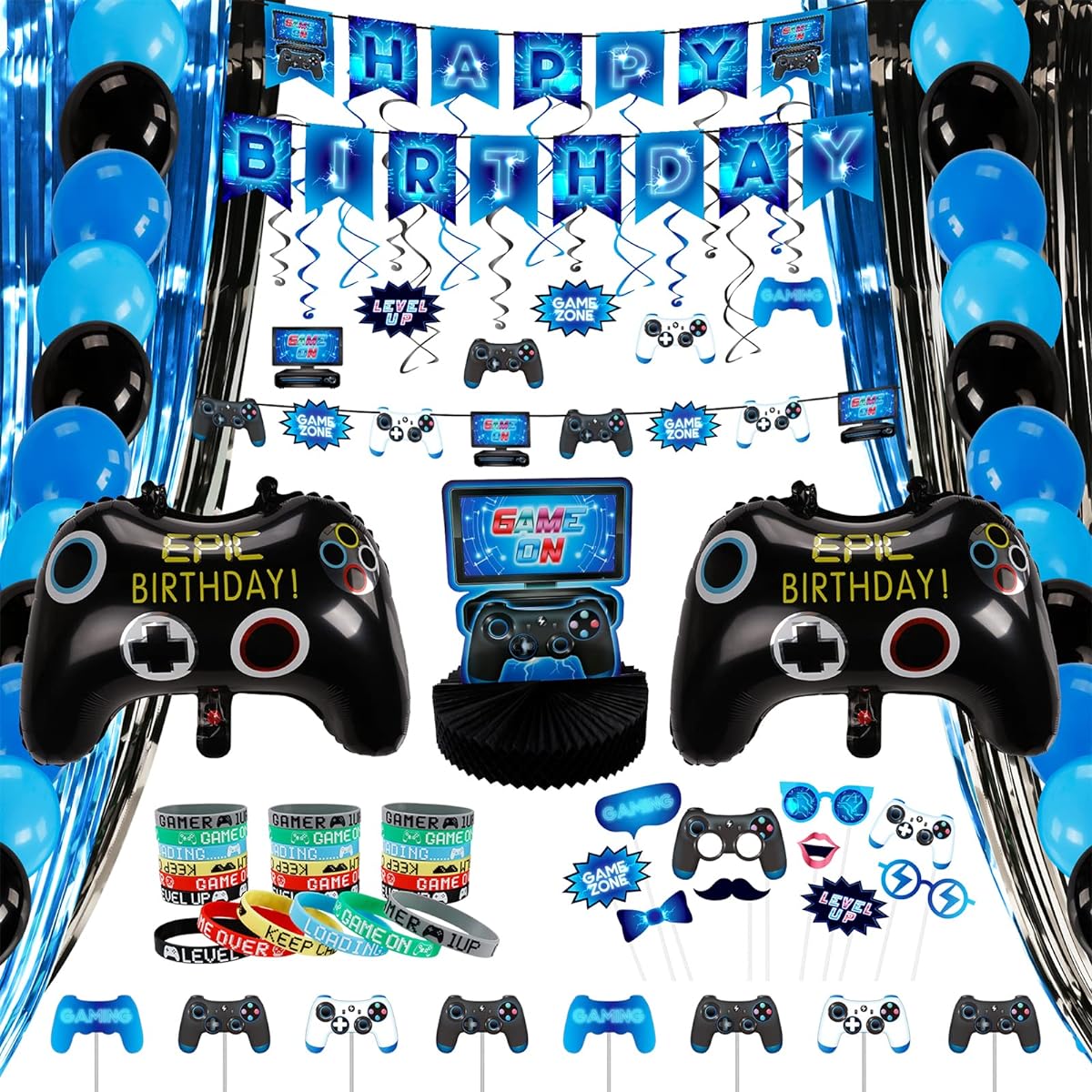 DECORLIFE 99 Pieces Gamer Birthday Decorations Video Game Party Favors for Boys, 24 Pieces Cupcake Toppers, Wristbands, Photo Booth Props