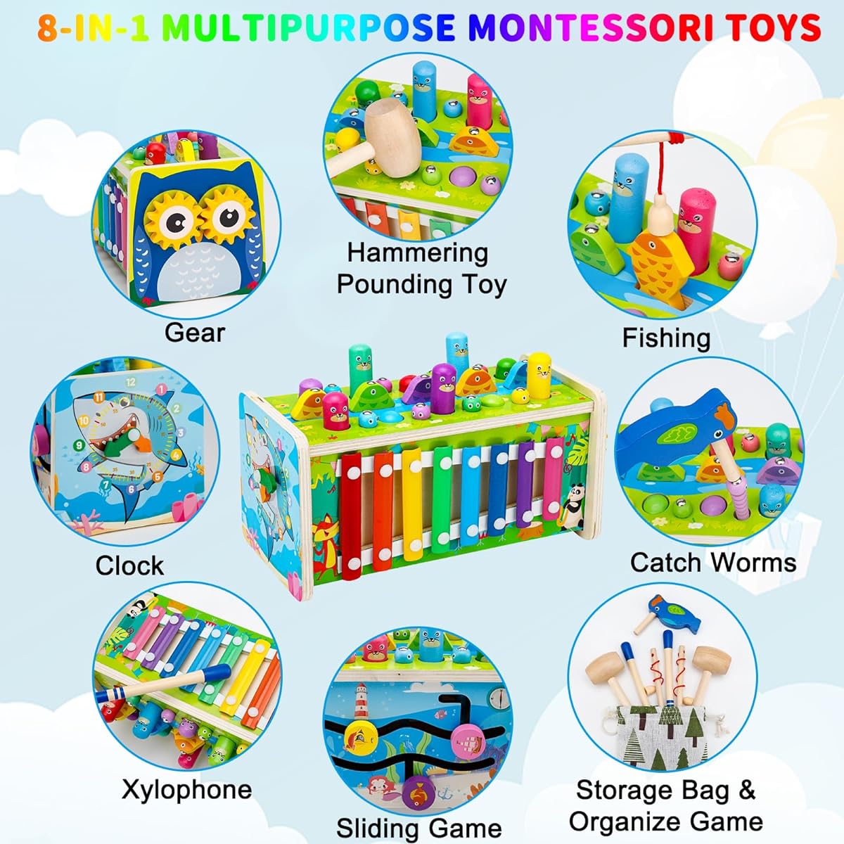 WEELIKEE 8-in-1 Wooden Hammering Pounding Toys for 1 2 3 4 Year Old Boys and Girls, Wooden Montessori Toys for Babies, Whack a Mole Game with Xylophone and Fishing Game Toddler Activities Gift