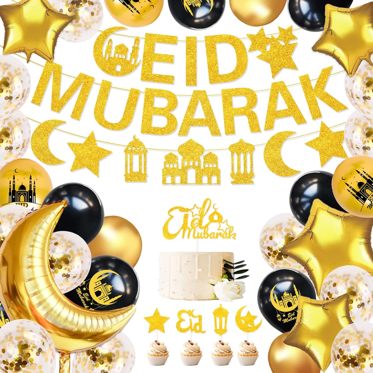 Eid Decorations Home Eid Mubarak Balloons Glitter Eid Mubarak Banner 8pcs Aluminum Foil Balloons Eid Cake Topper for Party Decoration