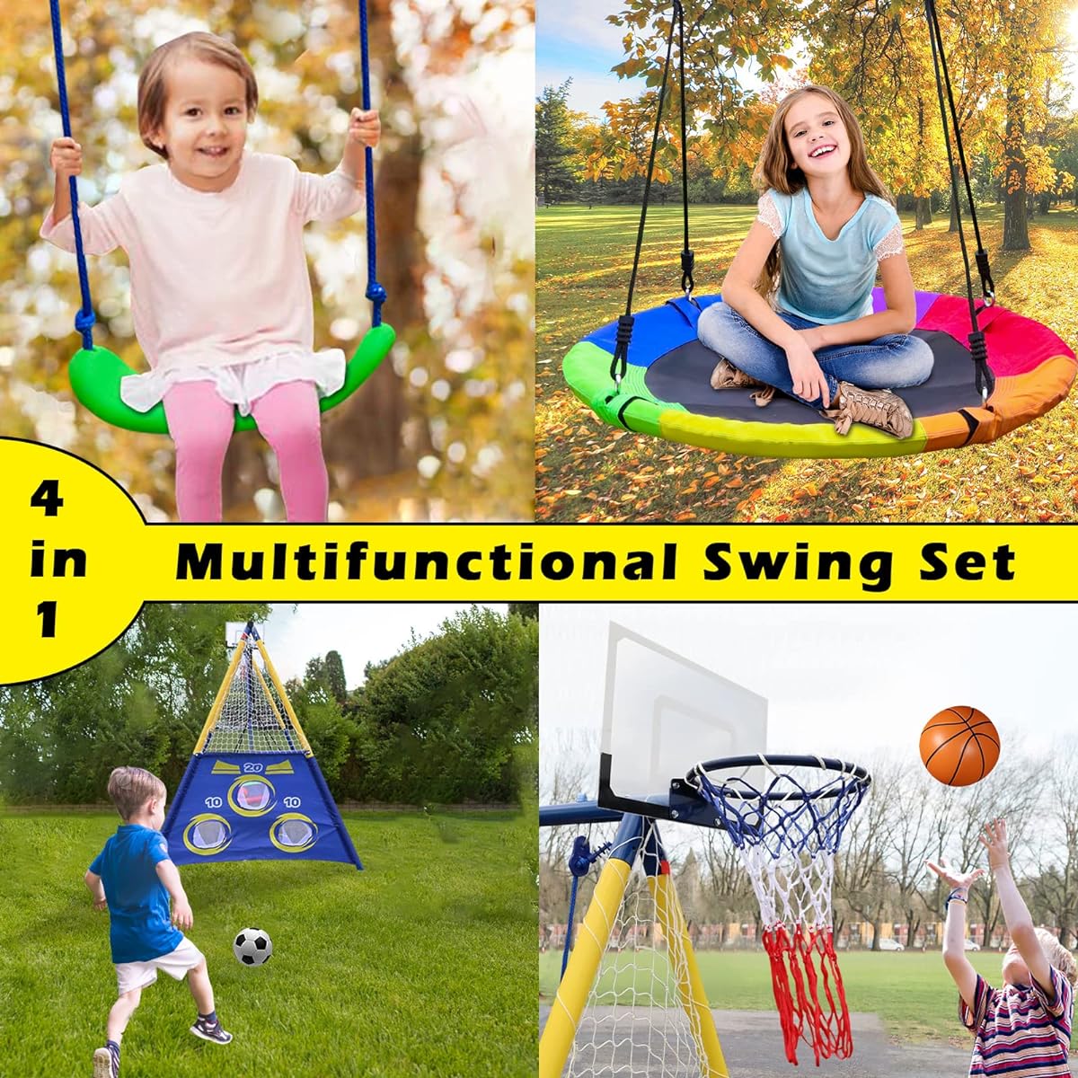Hisecome 440lb 2 Seat Swing Set for Backyard - 1 Saucer Swing Seat, 1 Belt Swing Seat, Basketball Hoop Soccer Goal Heavy Duty A-Frame Metal Swing Stand Outdoor Playset for Kids