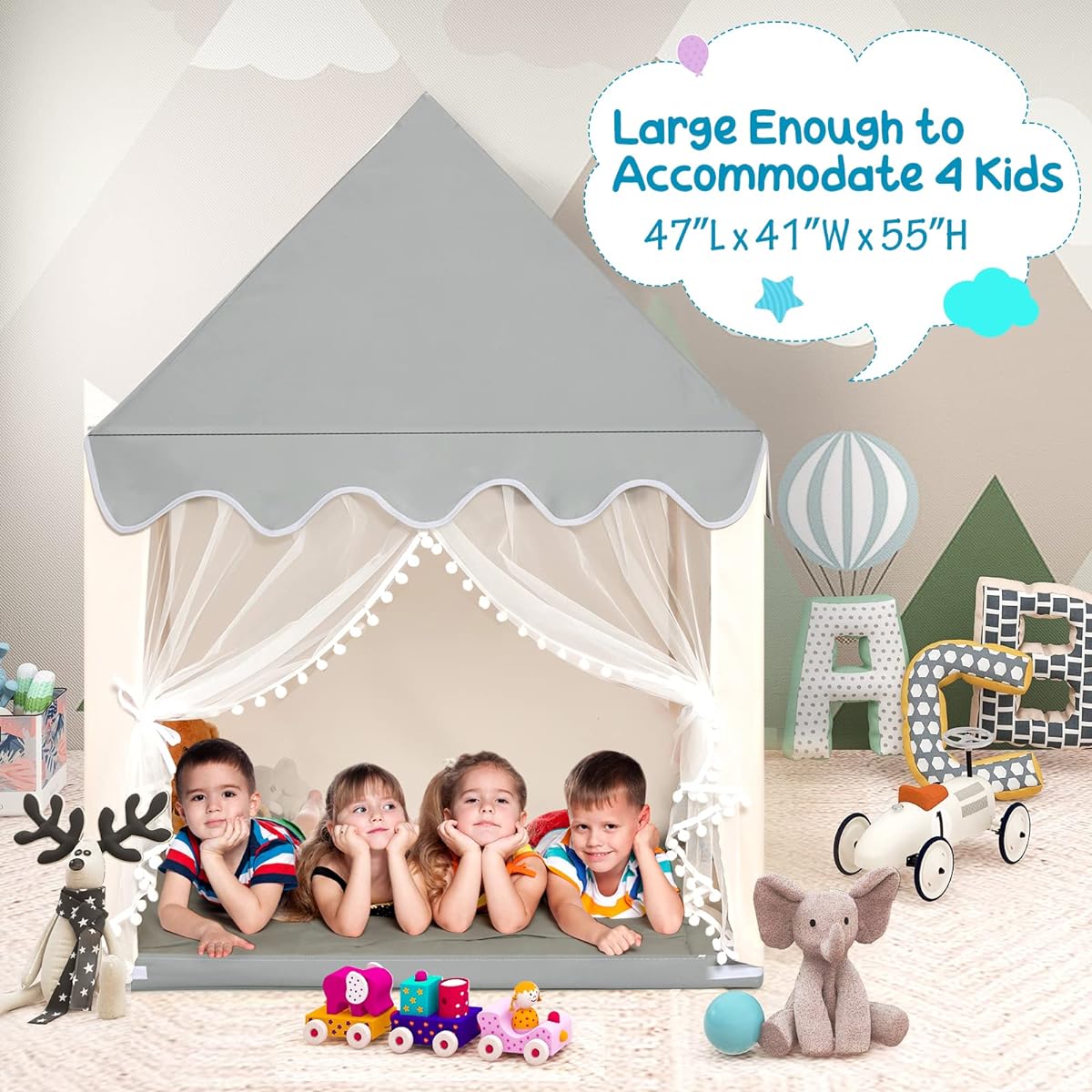 Costzon Kids Play Tent Large Playhouse with Washable Mat, Window, Solid Wood Frame, Indoor Outdoor Kids Princess Tent for Boys & Girls, Castle Fairy Tent, Holiday Birthday Gift (Beige)