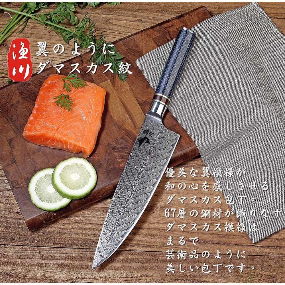 Irigawa Damascus Gyuto Knife VG-10 Damascus 67 layer butcher knife Blade length 205 Western knife Beautiful Damascus pattern like a wing