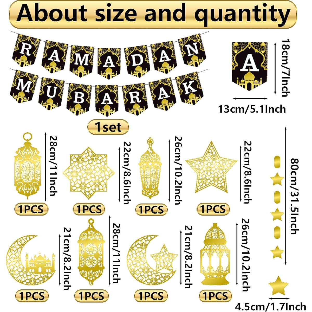 Ramadan Mubarak Eid Decoration Banner Ramadan Mubarak Garland Shining Gold Star Moon Lantern Hanging Streamers Ramadan Hanging Decorations Islamic Festival Party Supplies Ramadan Kareem Decorations