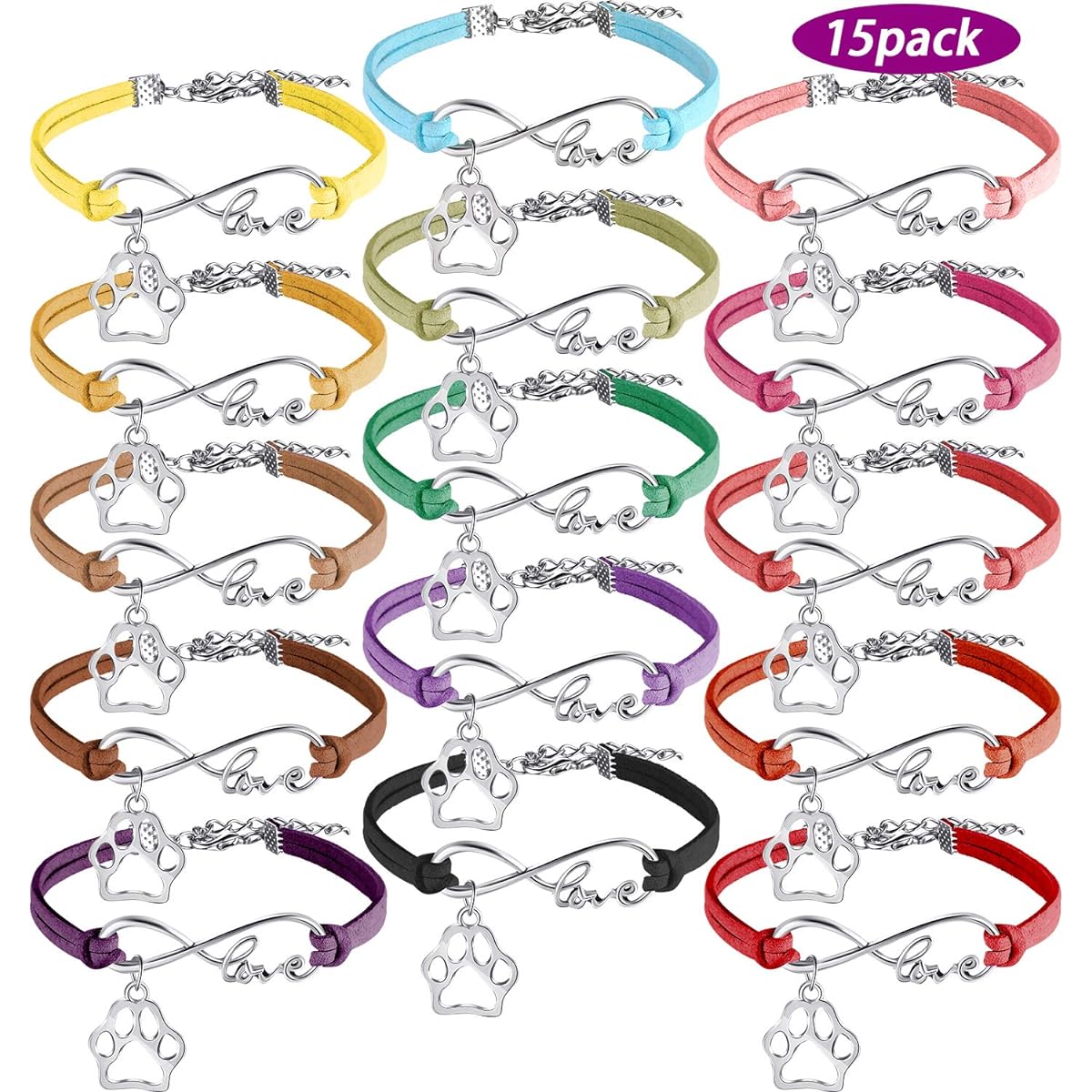 Blulu 15 Pack Paw Print Bracelets for Kids and Adults Adjustable Charm Bangle Bracelets for Puppies, Dogs, Cats, Animal Themed Party Favors (Multicolor)