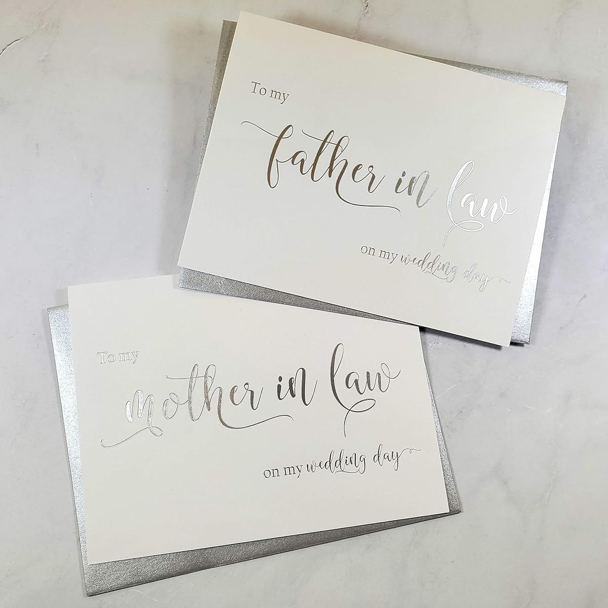 Silver Foil Wedding Day Card with Silver Shimmer Envelope To My Mother in Law's Wedding Day Card To Father on His Wedding Day