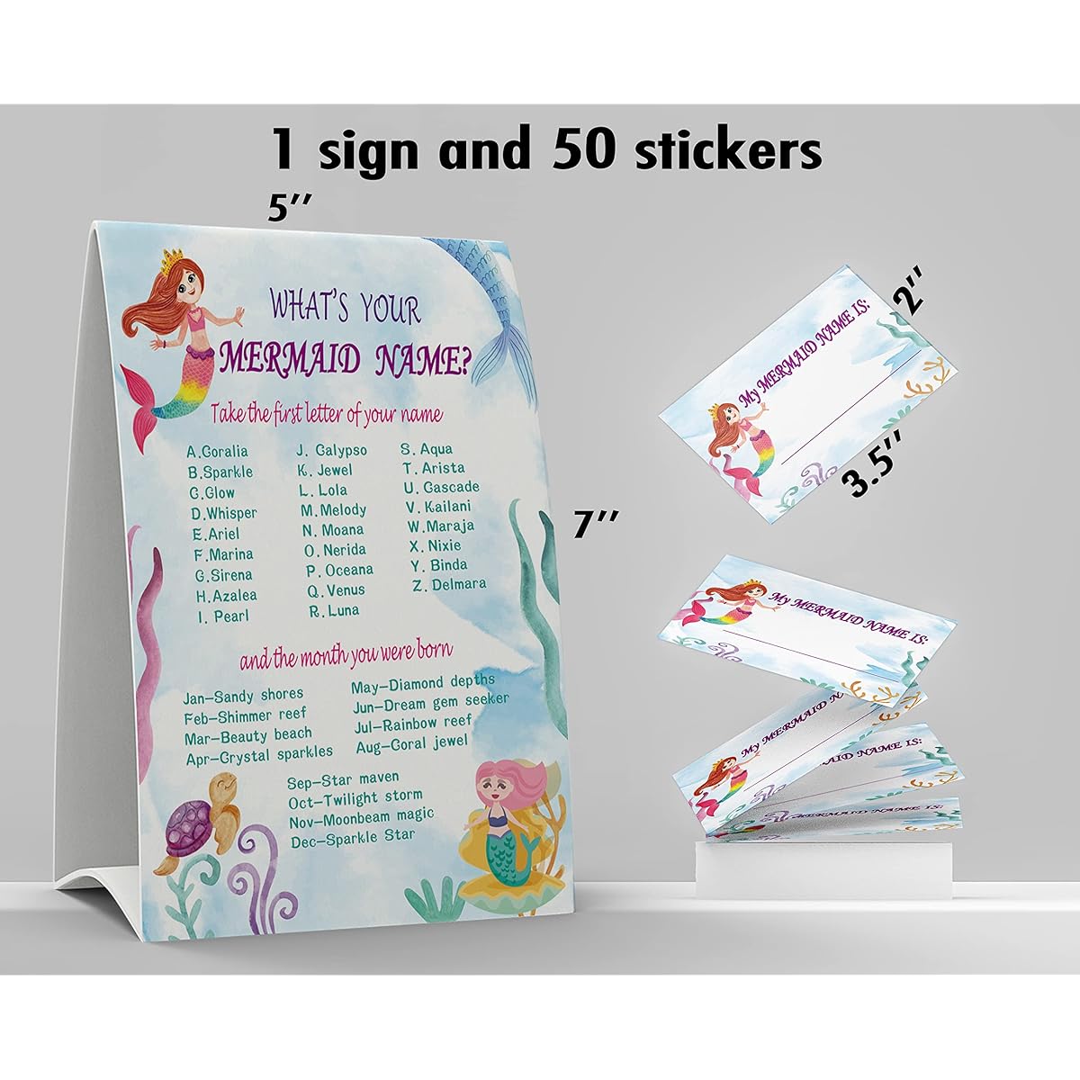 What's Your Mermaid Name Game 1 Mermaid Theme Sign 50 Name Tag Stickers for Kids and Adults Party Activity Game Office or Classroom F005