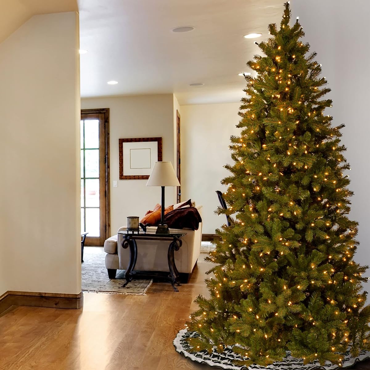 National Tree 9' "Feel Real" Downswept Douglas Fir Slim Tree with 800 Clear Lights Hinged (PEDD1-323-90)