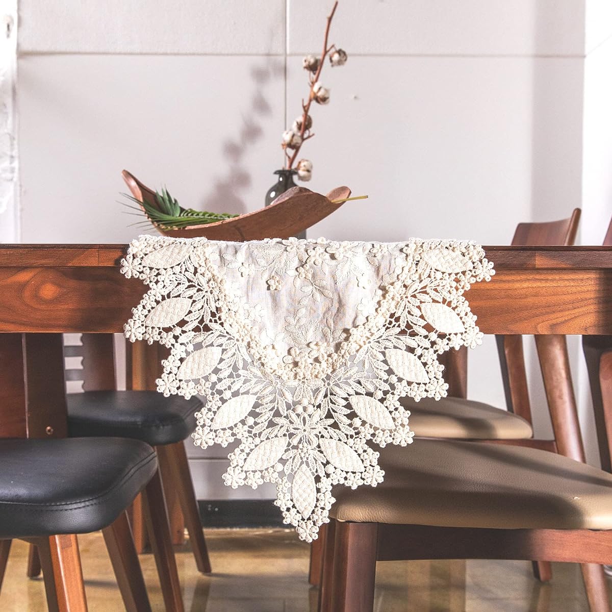LACELY Flower Table Lace Runner Patches Embroidered Holiday Wedding Picnic Daily Dinner Table Decor (Cotton 12" x 50" (31 x 130cm)
