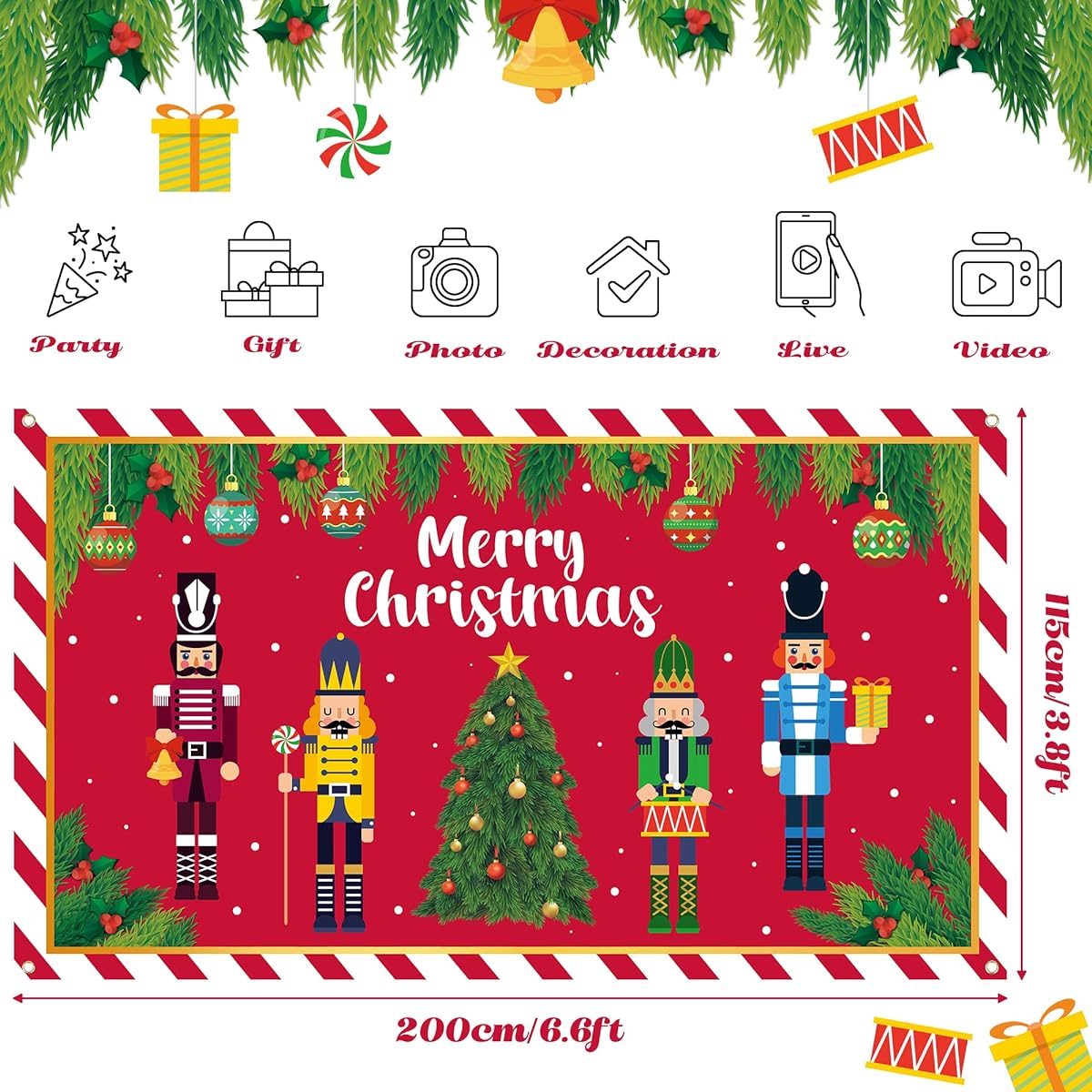 X1zuue Christmas Background Banner Extra Large Merry Christmas Soldier Model Photo Booth Backdrop Christmas Party Poster Decoration Supplies Winter New Year Eve Birthday Props Photo Shoot Souvenirs