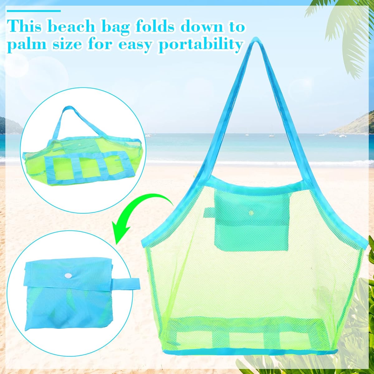 Summer Mesh Beach Bag, Extra Large Beach Toy Bag, Beach Gear, Foldable Beach Bag and Tote for Kids, Toddlers, Beach Toys, Market, Grocery, Picnic, Vacation, Storage, Essentials, 18 x 12 x 18 Inch