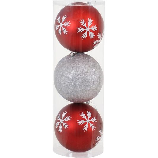 Sunnydaze 3pcs 6" Christmas Ball Ornaments with Hooks, Sparkly Bauble Style Tree Decorations Set for Holiday Decorations and Gatherings, Red/Silver