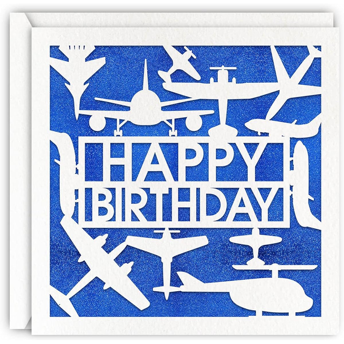 Blue Airplane Birthday Card Blue Glitter Laser Cut Plane Airplane Flying Greeting Card for Boys Men