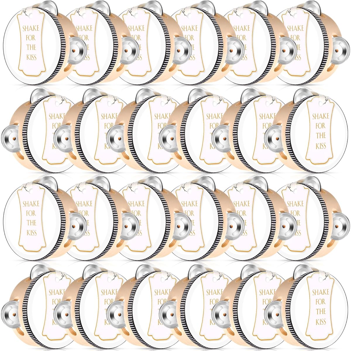 Lukmaa 24 Sets 4 Inch Tambourine Adult Wooden Handheld Drum with Metal Jingle Gift Tag White I Love You Print Ribbon Percussion Gift Musical Instrument Church Wedding Party Favors