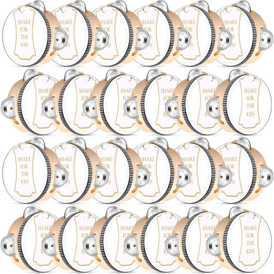 Lukmaa 24 Sets 4 Inch Tambourine Adult Wooden Handheld Drum with Metal Jingle Gift Tag White I Love You Print Ribbon Percussion Gift Musical Instrument Church Wedding Party Favors