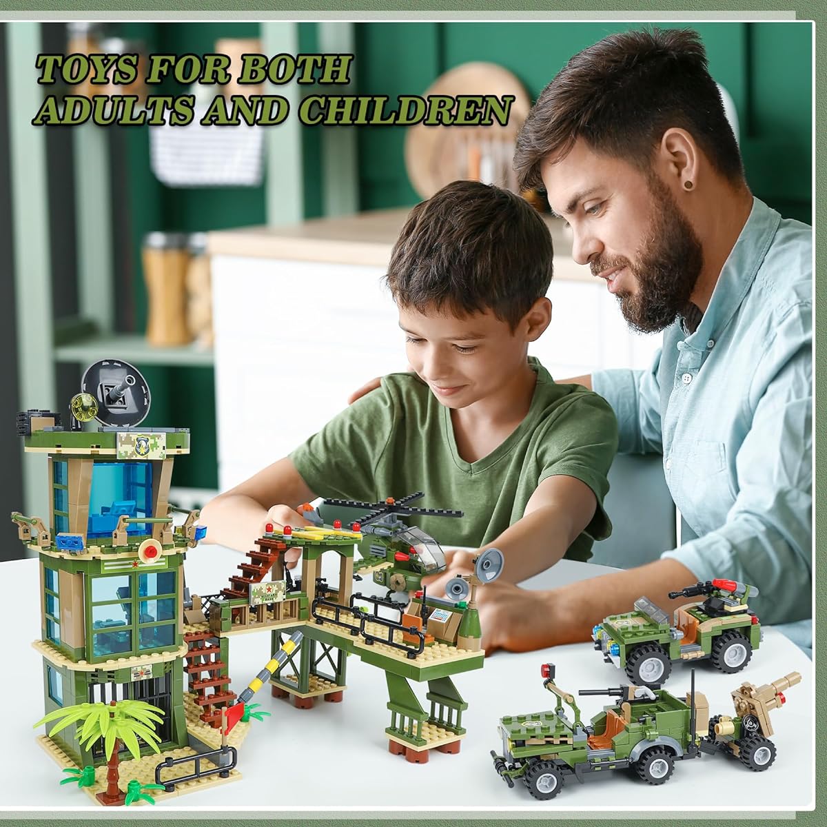 Army Station Military Base Building Blocks Set Fire Attack Toy Set Military Truck Army Vehicle Airplane with Portable Storage Bucket Urban War Role Play Toy Gift for Kids Boys 6-12 Years Old
