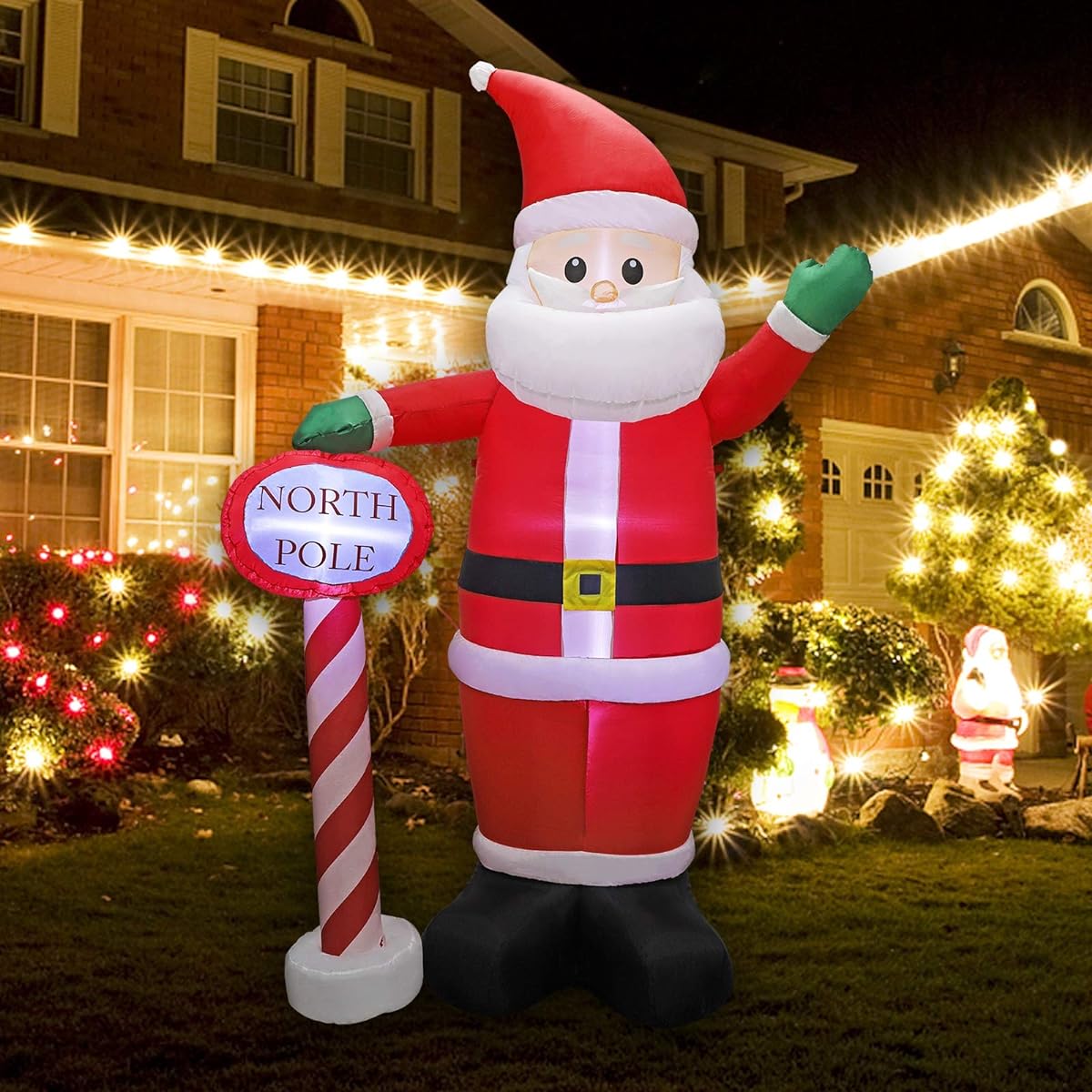 MorTime 8ft Christmas Inflatable Santa Claus with Guide Posts Explosive Giant Wave Santa Claus North Pole with LED Lights for Yard Decoration Party Display Christmas Outdoor Decoration