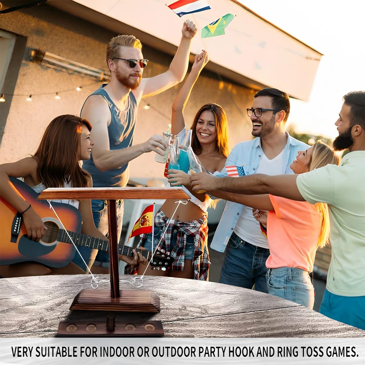 Wooden Ring Toss Game Battle Hook and Ring Game Set Easy to Assemble Fast-Paced Interactive Ring and Hook Game Ring Toss 15.7" X 13" Large Size Crash Toss Bar Shot Game for Home Bar Party