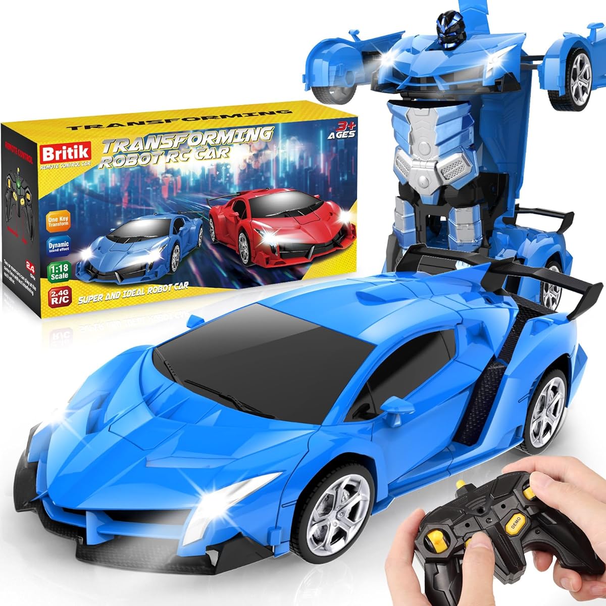 Britik Transform Remote Control Car RC Car One Button Transform 360 Degree Rotation Drift 2.4Ghz 1:18 Scale for 4-6 Year Old Boys Girls Gift Blue