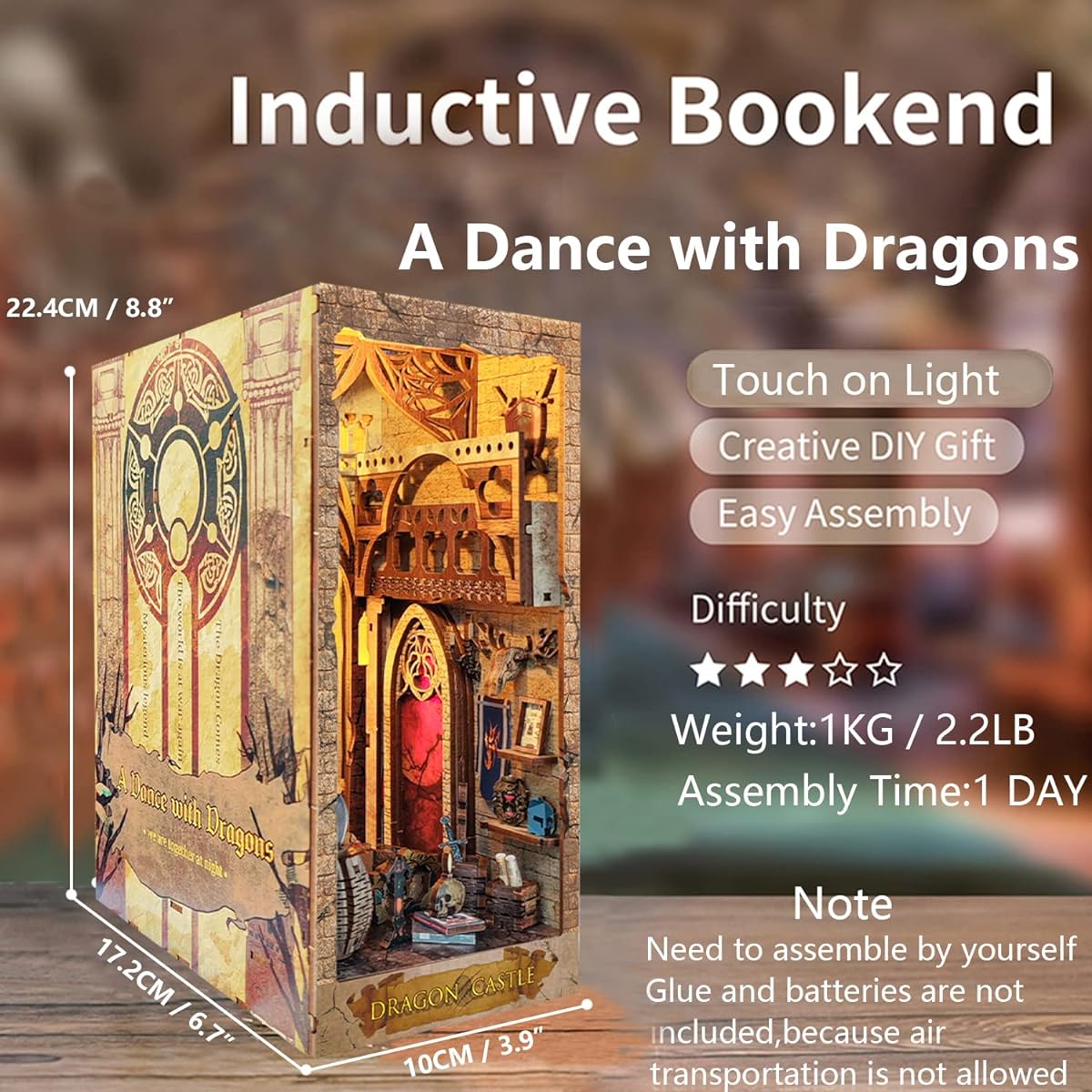Roroom DIY Book Nook Kit DIY Dollhouse Bookshelf Insert Decorative Array 3D Wooden Puzzle with LED Lights Book Nook Bookshelf Inserts Wooden Bookends Model Building (Dragon)