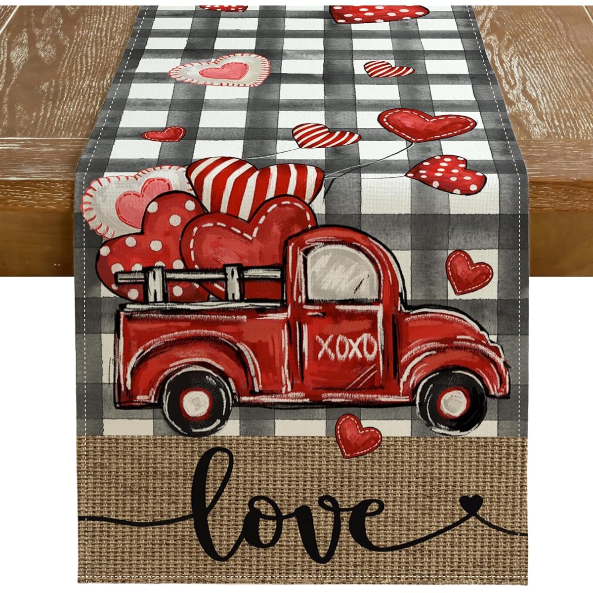GEEORY Valentine's Day Table Runner 13 x 72 Inch Buffalo Check Truck Love Heart Decorative Farmhouse Table Decorations for Kitchen Dining Indoor Outdoor Dinner Party (White/Black) GT137-72