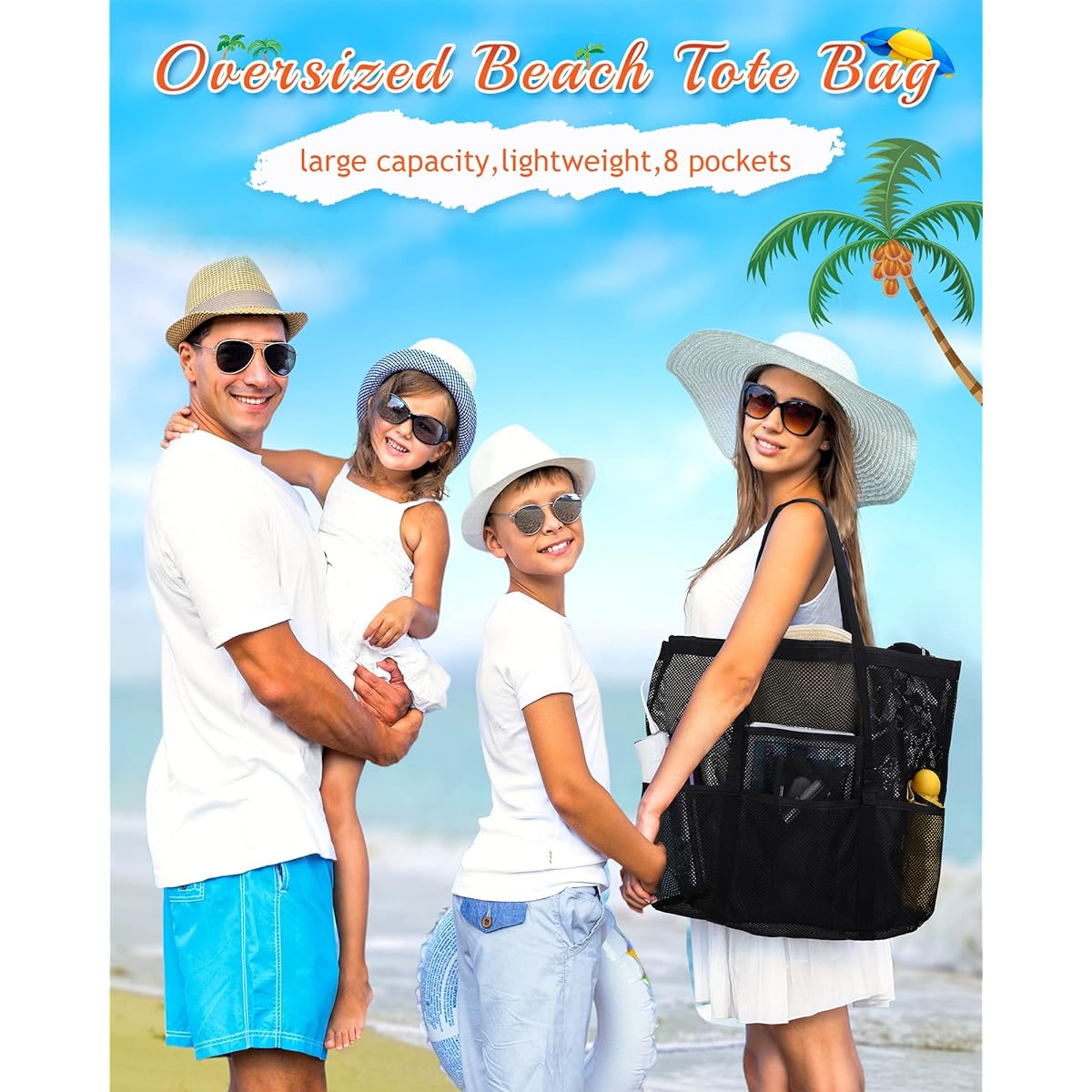 Mesh Beach Bag Extra Large Beach Tote Bag Pool Bag Beach Toy Bag Grocery Storage Net Bag with 8 Pockets for Family Pool Beach or Picnic Pack of 4