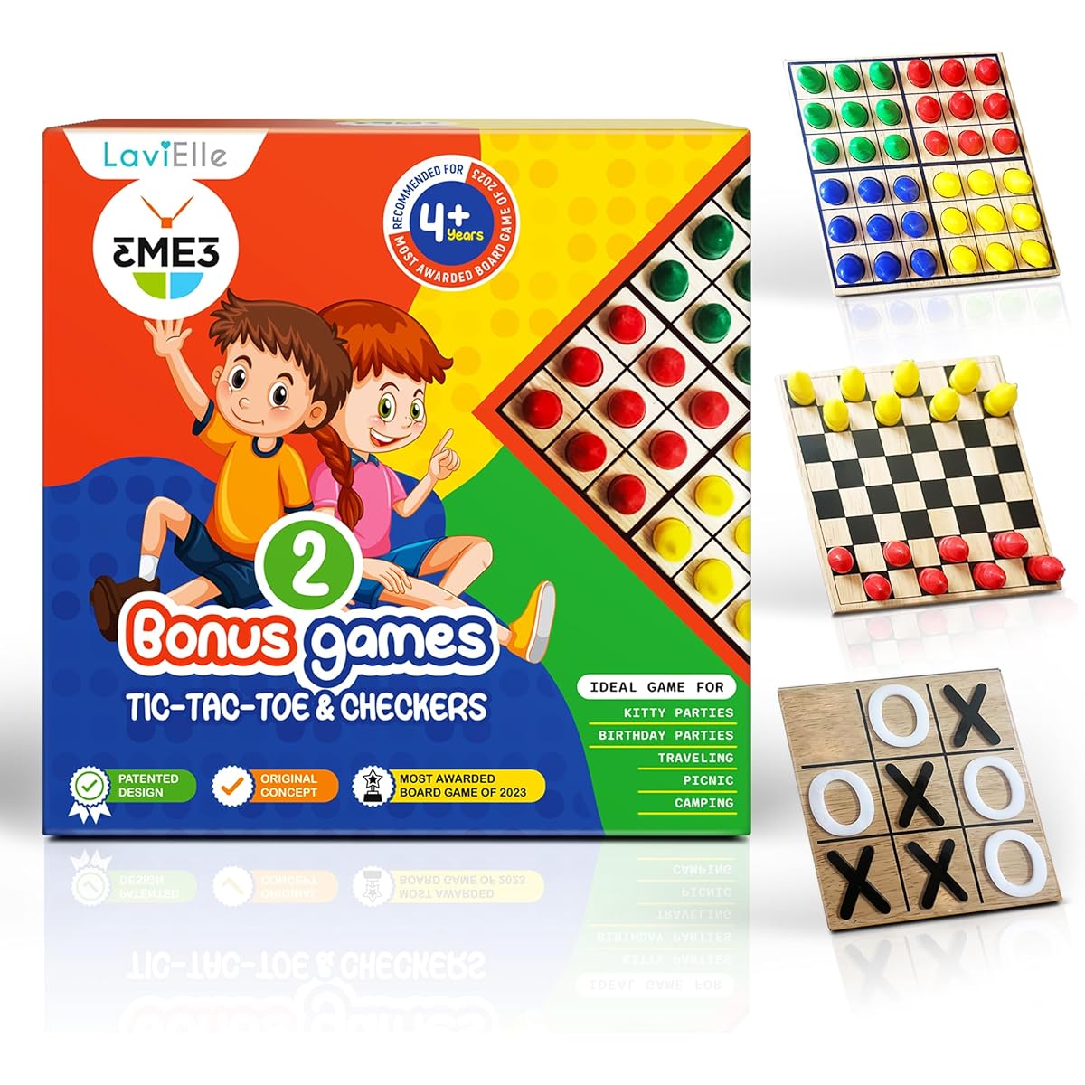 Checkers & Tic-Tac-Toe & 3ME3: Wooden Board Game | Gift Wrapping | Family Game Night Essential | Stylish Home Decor | Strategy Game for Kids and Adults | Classic for 2 Players