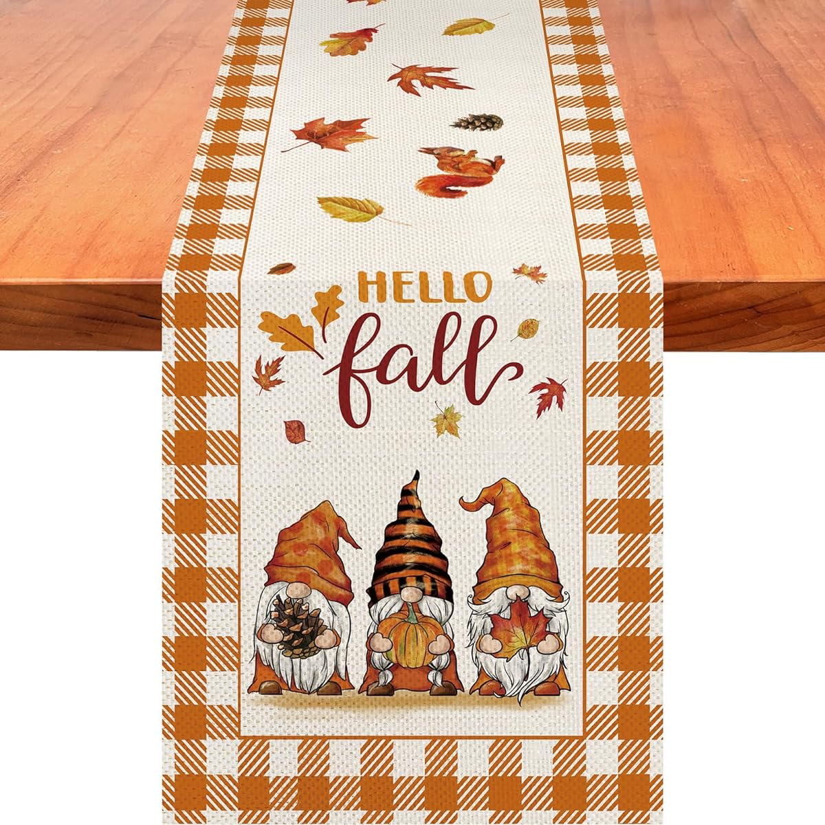 Three Gnomes Hello Fall Table Runner Buffalo Check Thanksgiving Table Runner Fall Winter Holiday Kitchen Dining Table Decor Indoor Outdoor Home Party Decor 13 x 72 Inch