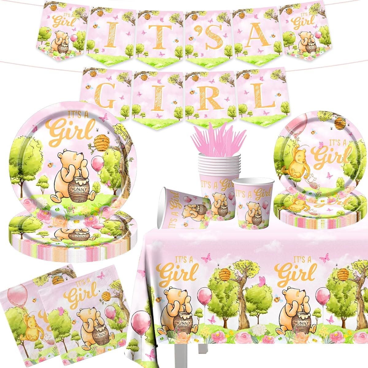 Bear Baby Shower Tableware Decorations - 142pcs It's A Girl Bear Baby Shower Plates, Napkins, Banner, Tablecloth, Pink Dinnerware, We Can Bearly Wait Girl Baby Shower Party Supplies