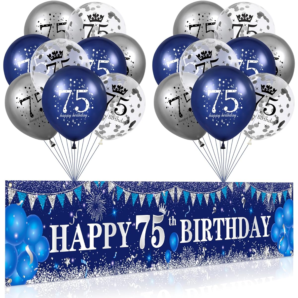Blue 75th Birthday Decorations Unisex Navy Blue Silver Happy 75th Birthday Yard Banner Blue 75th Birthday Balloons 75th Birthday/Anniversary/Party Decorations Supplies