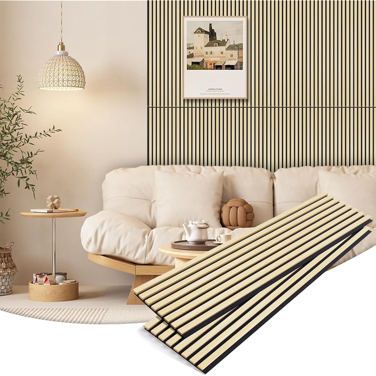 Busybees Acoustic Wood Wall Panels Decorative Acoustic Panels Walls and Ceilings Acoustic Panels for Interior Design 3D Slatted Wood Wall Panels (2 Pack - 47.2" x 12.8" Natural Oak)