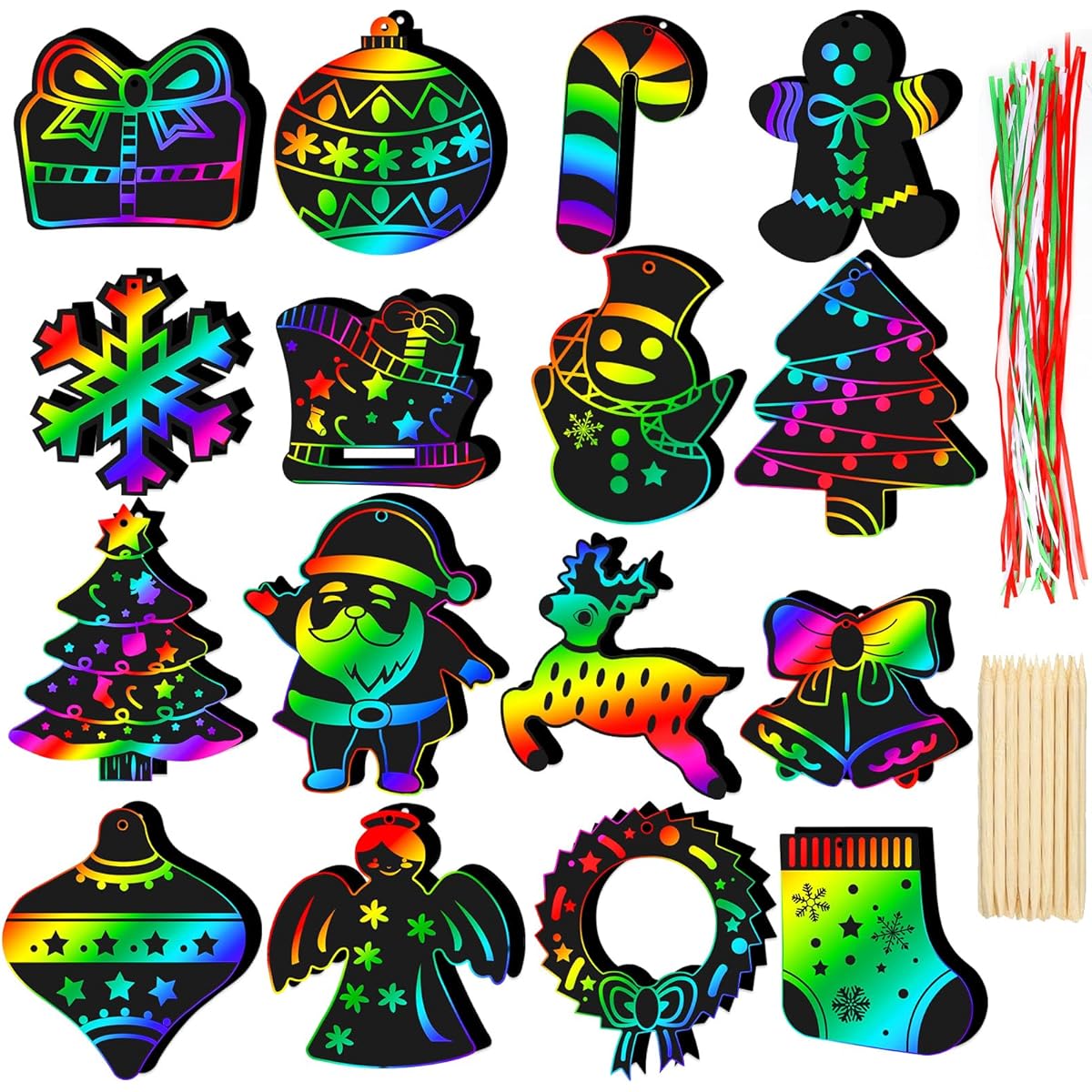 Natonhi Christmas Crafts for Kids Christmas Party Favors Magic Rainbow Scratch Paper Ornaments with Wooden Painting Lanyards Holiday Party Gifts Classroom Activities Creative