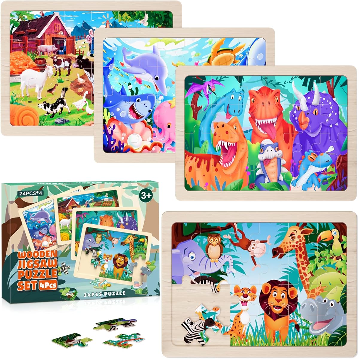 Wooden Puzzles for Toddlers 3-5 4 Pack Wooden Jigsaw Puzzle 24 Pieces Preschool Puzzle Dinosaur Farm Sea Animals Wooden Puzzle for Kids 4-8 Years Old Birthday Christmas Gift Ages 3+ Boys Girls