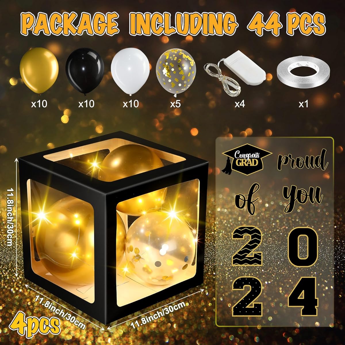 Graduation Box Decorations with Balloons and LED Light String Congrats 2022 Graduation Party Supplies Proud Balloon Box 2022 School College Party Decorations 44 Pieces Black and Gold