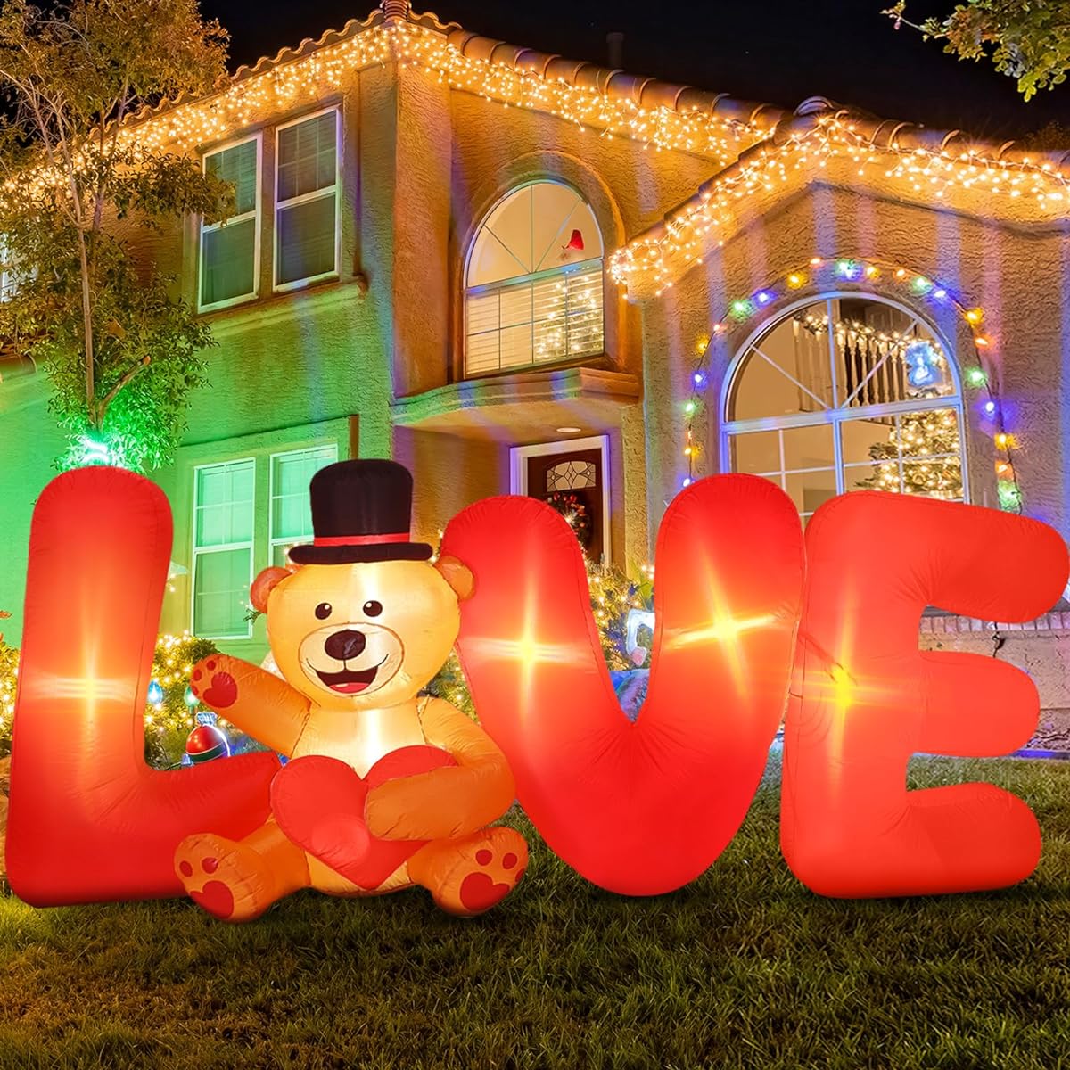 Syhood 9ft Valentine's Day Inflatable Bear Big Love Design Blow Up Outdoor Decorations with Built-in LED Lights Sweet Valentine Party Inflatable Decorations for Outdoor Yard Garden Home