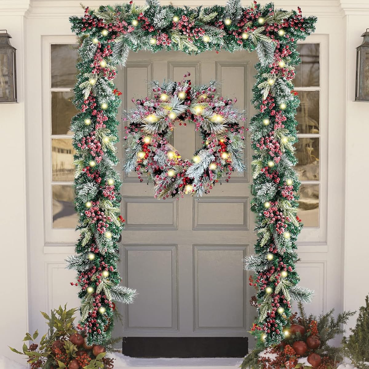 WANNA-CUL Lighted Christmas Wreath 24 Inch Front Door Decor Artificial Spruce with Frosted Red Berry and Snow Battery Operated 30 LED Lights