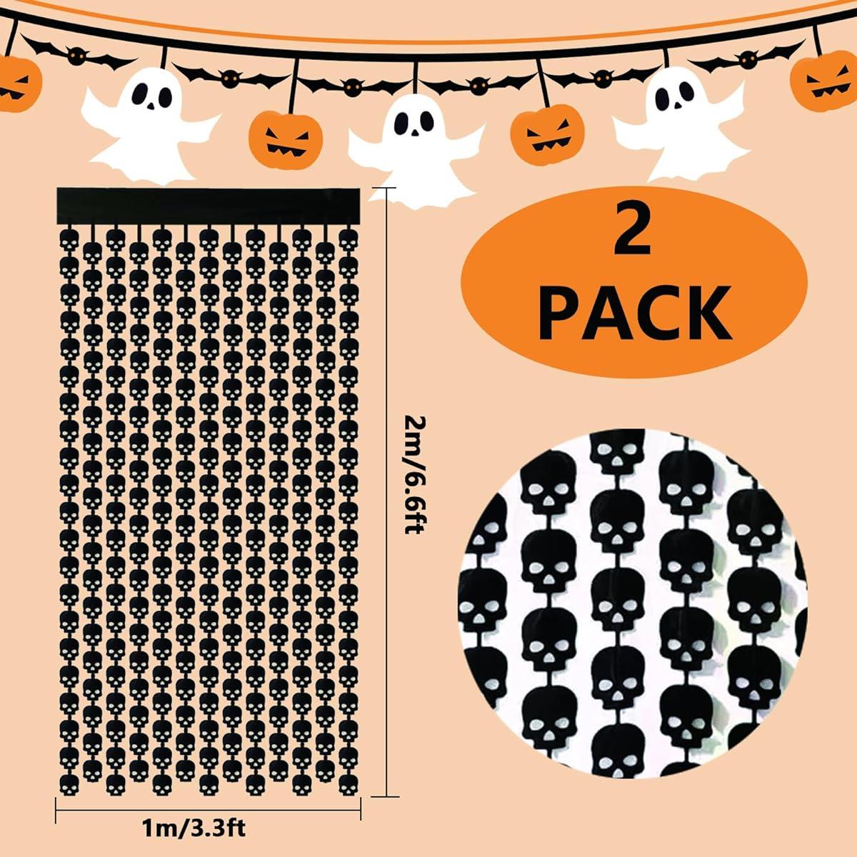 2 Pack 3.3ft x 6.5ft Halloween Foil Fringe Curtains Black Skull Metallic Tinsel Curtains Streamers Large Party Photo Booth Props Backdrop Wall Door Indoor Outdoor Decoration