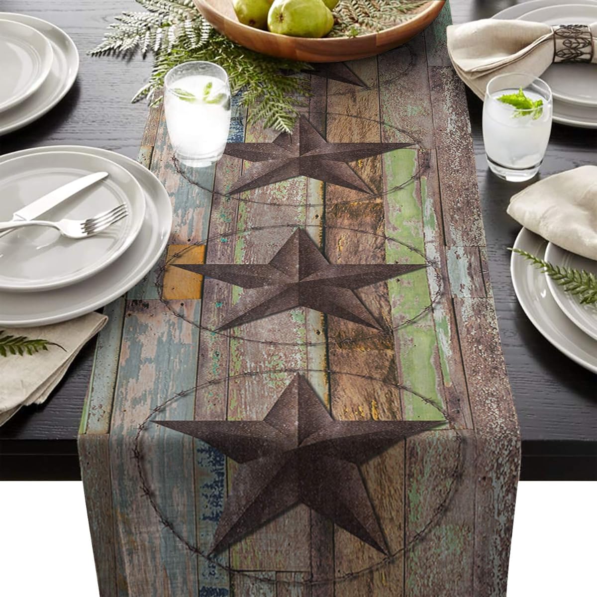 CHARMHOME Dining Table Runner Western Texas Star Rustic Brown Wood Grain Kitchen Table Runner for Party Event/Decor 13x70inch